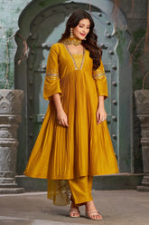Mustard Alia Cut Anarkali Art Silk Kurta Set with Trousers and Dupatta-CL-KPD-134